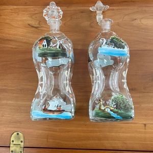 Vintage Antique Pair of Hand Blown and Hand Painted Clear Glass Decanters